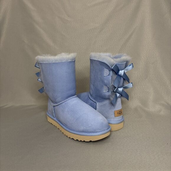 Womens Ugg Boots Bailey Bow Whisper Blue Suede Sheepskin Coquette Very RARE Sz 6 - Picture 13 of 16